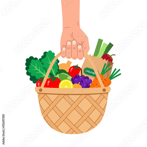 Hand Holding Basket Full of Fresh Organic Fruits and Vegetables