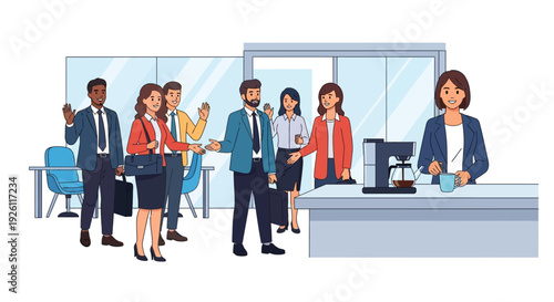 Happy Colleagues Morning Office Greeting Coffee