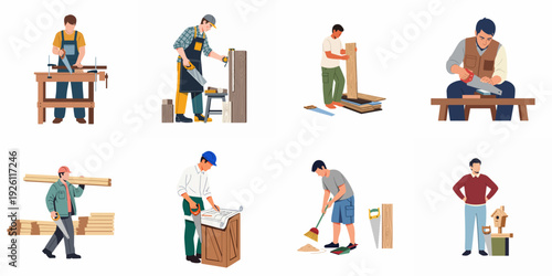 Illustrations of men engaged in various woodworking, carpentry, and construction tasks. Depicting handymen, craftsmen, and DIY enthusiasts sawing, measuring, carrying wood, and building.