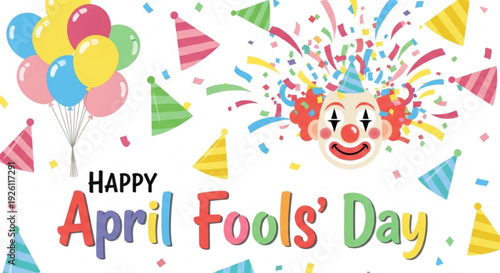 Colorful april fools' day celebration with clown face balloons and confetti on white background