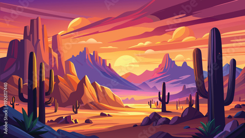 Vibrant desert landscape with cacti at sunset