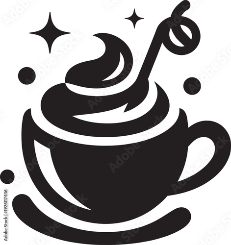 Minimalist black coffee cup vector icon featuring whipped cream and a straw for cafe and bakery menus.