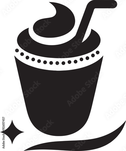 Delicious sweet chocolate milkshake with swirl cream and drinking straw icon for summer cafe menu design.