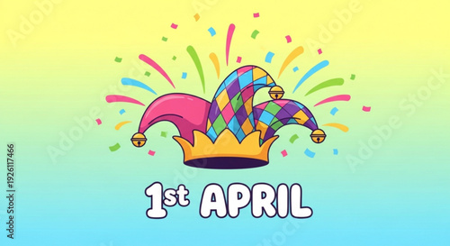 Colorful jester hat with crown on 1st april celebration background with confetti