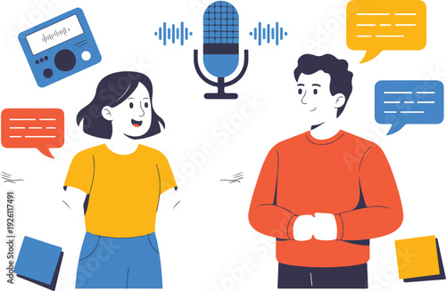 Two People in Conversation – Podcast Interview and Recording Concept Vector