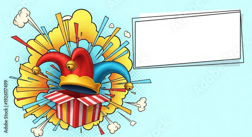 Jester's hat emerges from striped gift box with colorful explosion on light blue background for festive promotions