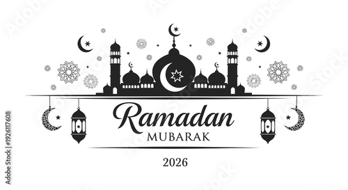 A decorative ramadan kareem greeting featuring a mosque and crescent moon presented as a silhouette high quality professional