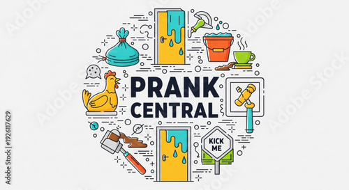 Colorful prank central concept with various humorous icons and tools for playful jokes and tricks