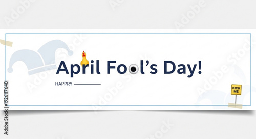 April fool's day banner with happy text and colorful design elements on white background