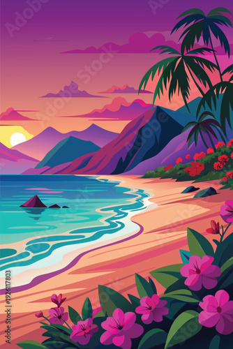 Vibrant tropical beach scene at sunset with palm trees and flowers