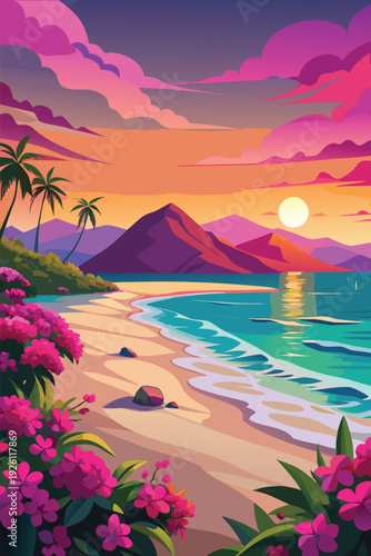 Serene tropical beach at sunset with palm trees and vibrant flowers