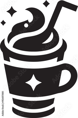 Minimalist black and white vector icon of a delicious takeaway coffee cup with whipped cream and a straw.