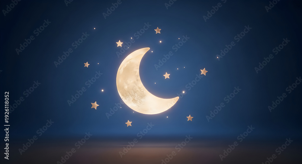 Naklejka premium Crescent moon and stars in dark blue night sky