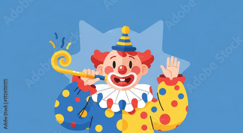 Smiling clown waving and holding magic wand in colorful costume with polka dots on blue background