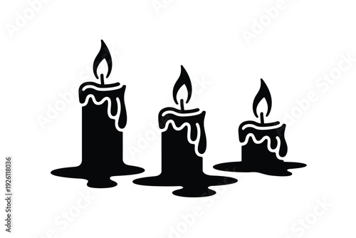 A black silhouette of three melting candles with flames