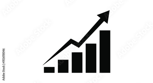 A stark black graphic depicts a rising bar chart with an upward trendline silhouette high quality professional detailed