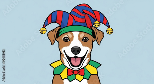 Smiling dog wearing colorful jester hat and collar on light blue background