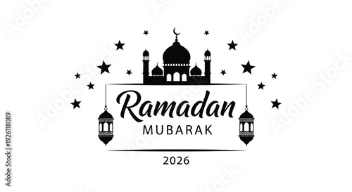 A decorative ramadan mubarak greeting featuring a mosque and stars in black silhouette high quality professional detailed modern
