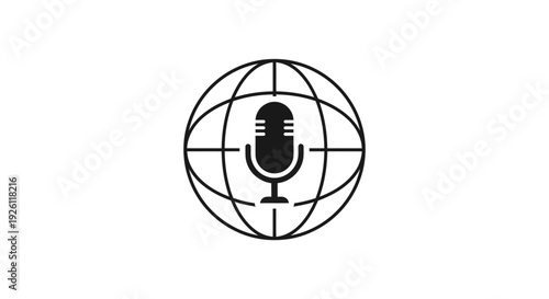 Simple black and white microphone icon within a globe outline.