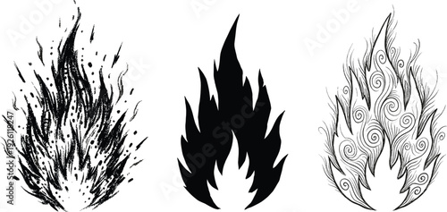 Flame Fire Silhouette Set with Abstract, Solid and Ornamental Burning Fire Shapes for Tattoo, Logo and Graphic Design