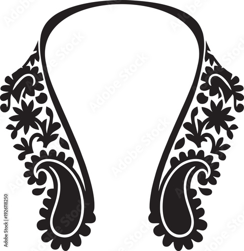 Elegant paisley and floral neckline embroidery design for fashion apparel and ethnic dress patterns.