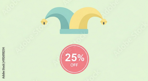 Discount offer illustration with colorful jester hat and 25 off badge on light green background