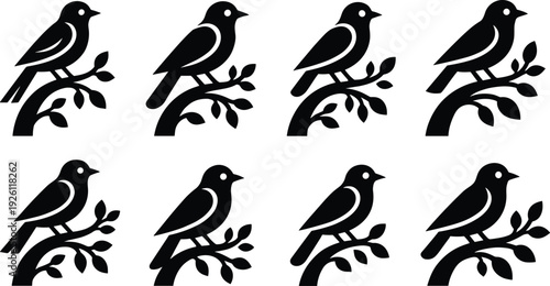 Stylized black silhouette illustration of eight birds perched on leafy branches in repetitive pattern, symbolizing nature, wildlife, design, and artistic decoration for creative projects