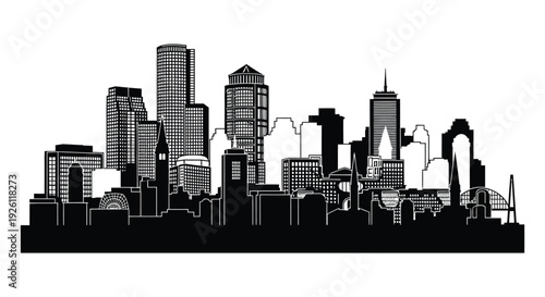 A striking black cityscape displays tall buildings against a bright background a dramatic silhouette high quality professional detailed