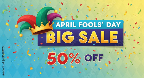 Vibrant april fools' day big sale banner with jester hat and confetti background