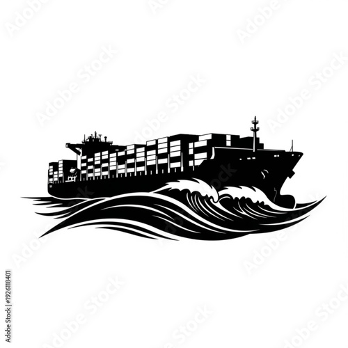 Black silhouette of a large cargo ship on wavy ocean waters