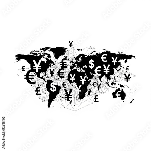 Black and white world map with currency symbols