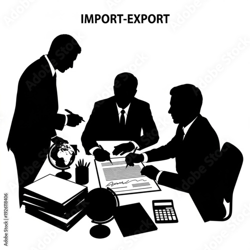Black silhouettes of businessmen discussing import export at office table