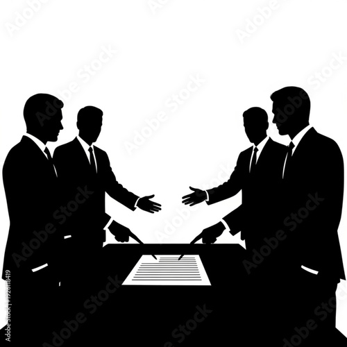 Four businessmen in suits shaking hands over a document