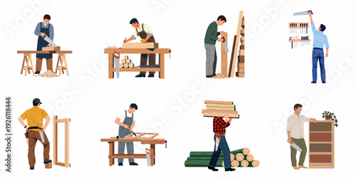 Set of illustrations depicting skilled woodworkers and carpenters engaged in various aspects of woodworking, from timber preparation to crafting wooden items and furniture.