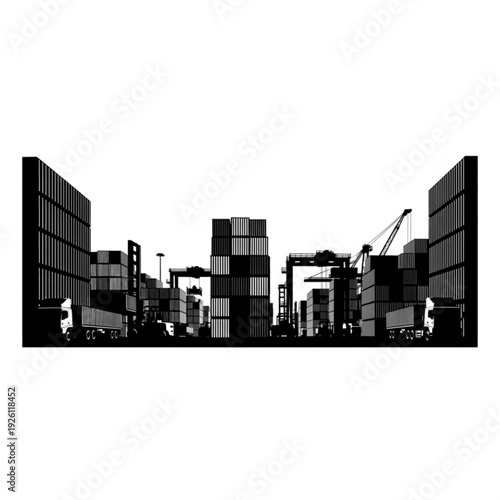 Black and white cityscape with shipping containers
