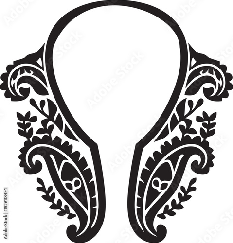 Black and white paisley floral neckline embroidery design for ethnic fashion dress garment pattern.