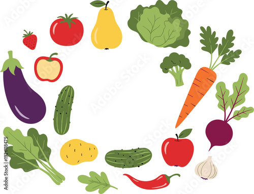 Healthy Fresh Vegetables and Fruits Illustration Set with Carrot, Cucumber, Apple, Lettuce, and More for Organic Lifestyle and Healthy Eating