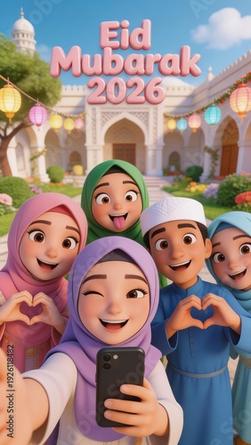 Eid Mubarak Celebration Selfie with Happy Muslim Kids