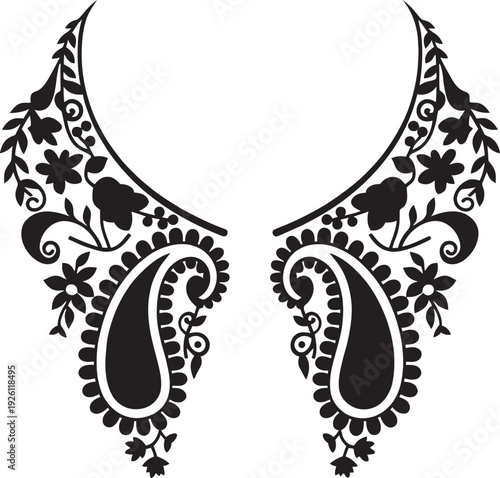 Elegant neckline embroidery vector design featuring paisley and floral motifs for ethnic fashion wear.