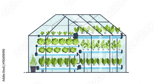 Greenhouse with Plants and Hydroponic System.