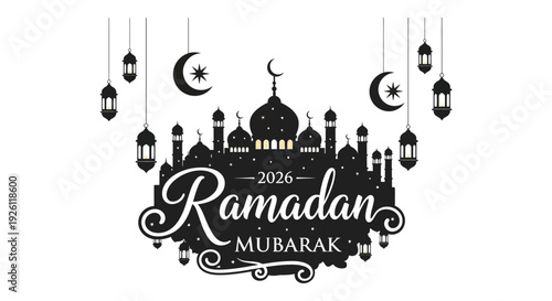 A decorative ramadan kareem greeting card featuring a city skyline and celestial elements silhouette high quality professional detailed