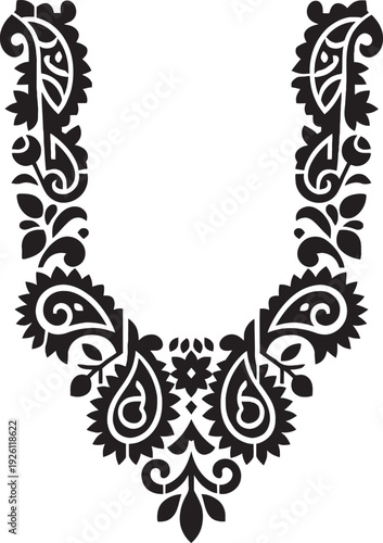 Beautiful black and white paisley neckline embroidery pattern for kurti and ethnic garment decoration.