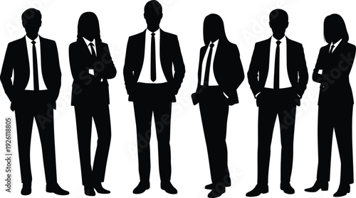 Full length set of black silhouettes featuring a diverse group of professional business people, men and women standing in formal office attire and suits.