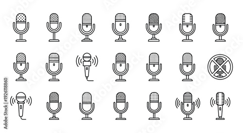 Various microphone vector icons and graphic illustrations representing audio recording, podcasting, and voice communication design