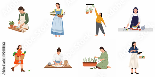 Diverse women embrace healthy lifestyles, preparing fresh meals, baking, and tending to urban gardens. Illustrations of cooking, gardening, and organic food preparation activities.