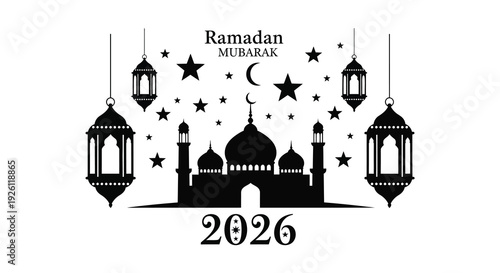 A beautiful ramadan mubarak greeting featuring a mosque lanterns stars and a crescent moon silhouette high quality professional