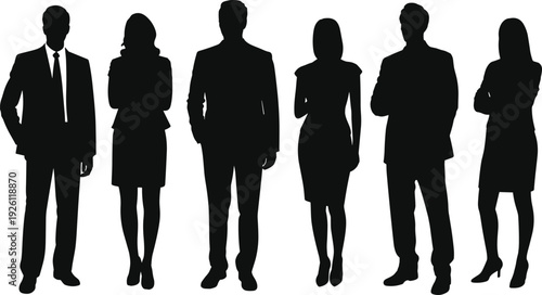 Full length set of black silhouettes featuring a diverse group of professional business people, men and women standing in formal office attire and suits.