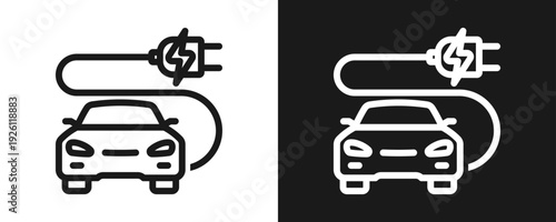 Electric Car Icon Set Outline In White And Black Background
