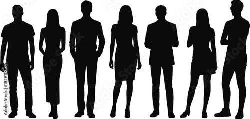 Set of black silhouettes of diverse business people, men and women standing in professional attire, office group or casual team isolated on white background.