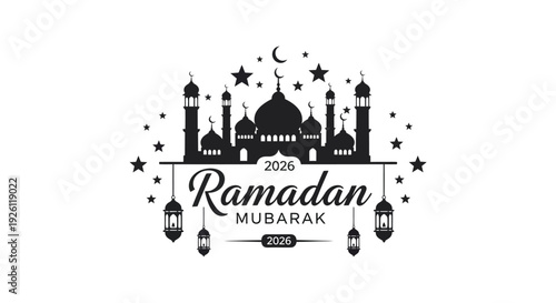 A decorative ramadan kareem greeting card featuring a mosque and stars in black silhouette high quality professional detailed